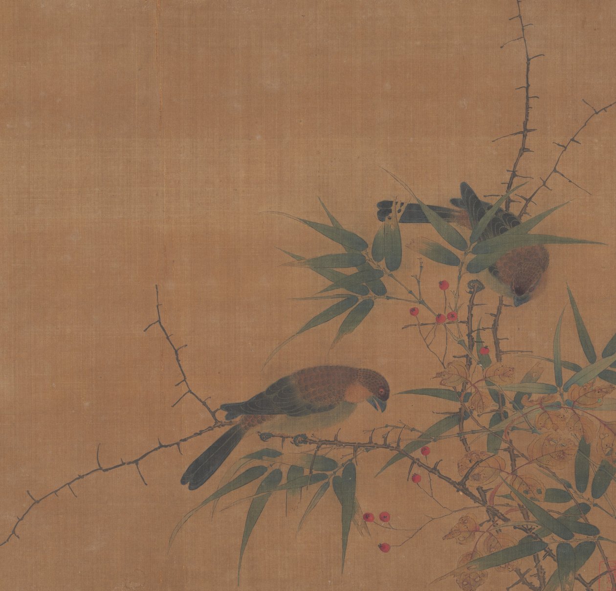 Branche de bambou avec baies et oiseaux, 17ème siècle - Unbekannt