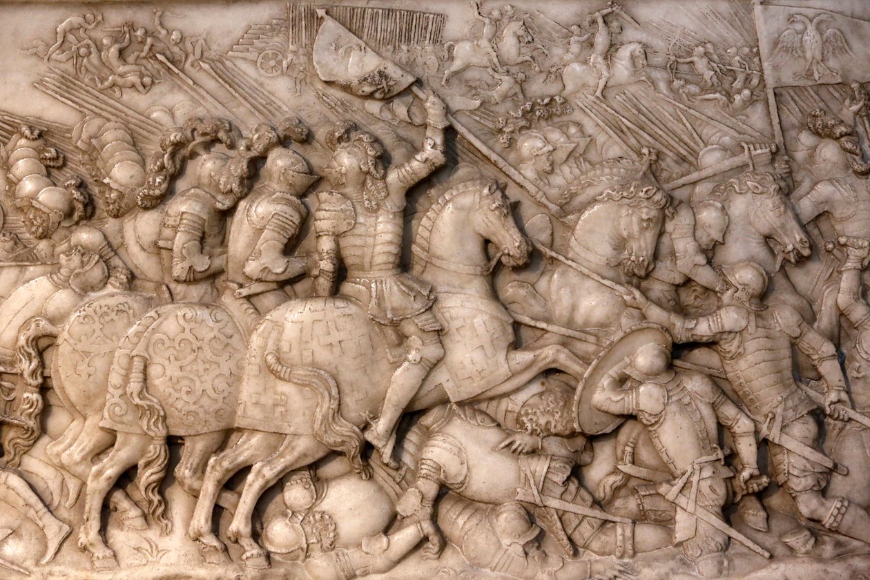 Basilique de Saint-Denis, Tombeau de François Ier roi de France et Claude de France, Bas-relief de la Fondation, Représentation de la bataille de Cérisoles, ici la cavalerie française face aux troupes impériales, Saint-Denis, France - Unbekannt