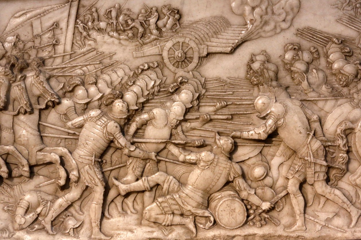 Basilique de Saint-Denis, Tombeau de François Ier roi de France et Claude de France, Bas-relief de la Fondation, Représentation de la bataille de Marignan en 1515 - les français et leur artillerie face à l