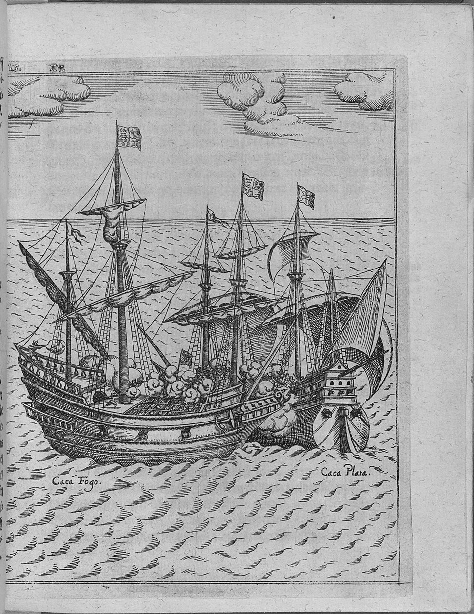 Bataille entre le navire Golden Hind de Francis Drake et le navire espagnol Cacafuego. De Levinus Hulsius - Unbekannt