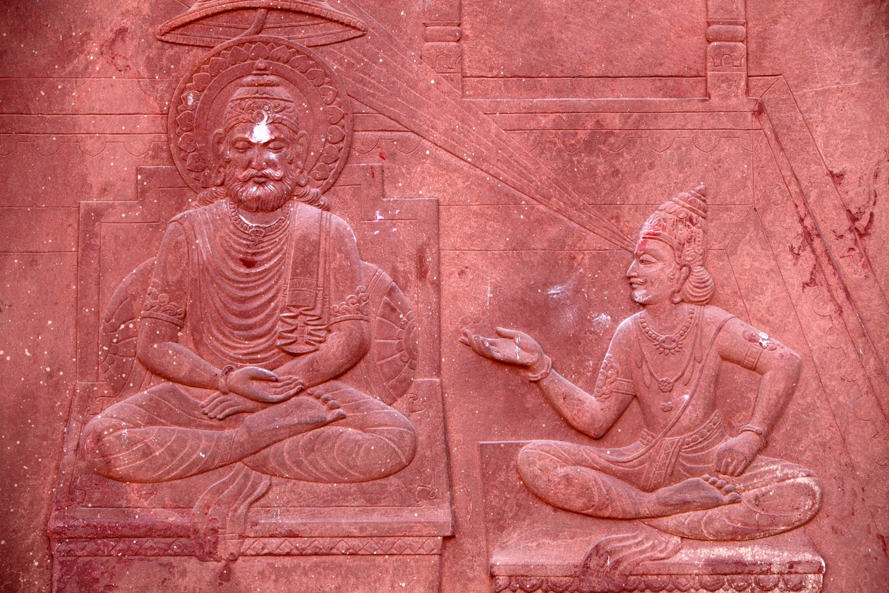 Bhagavad Gita gravé sur un temple hindou : dialogue entre Krishna et Arjuna, Vrindavan, Inde - Unbekannt
