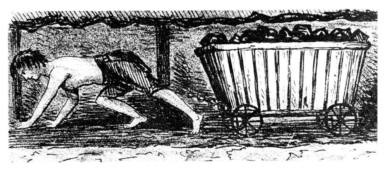 Garçon tireur dessinant un chariot contenant du charbon le long d
