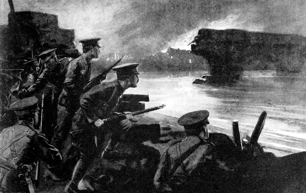 Troupes britanniques sur la rive prêtes pour l
