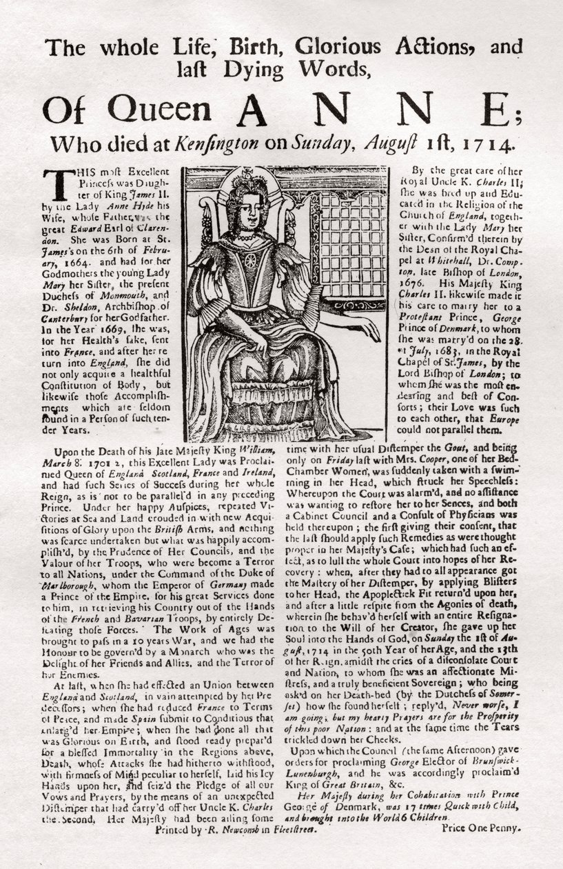 Broadsheet publié à la mort de la reine Anne, 1714 - Unbekannt
