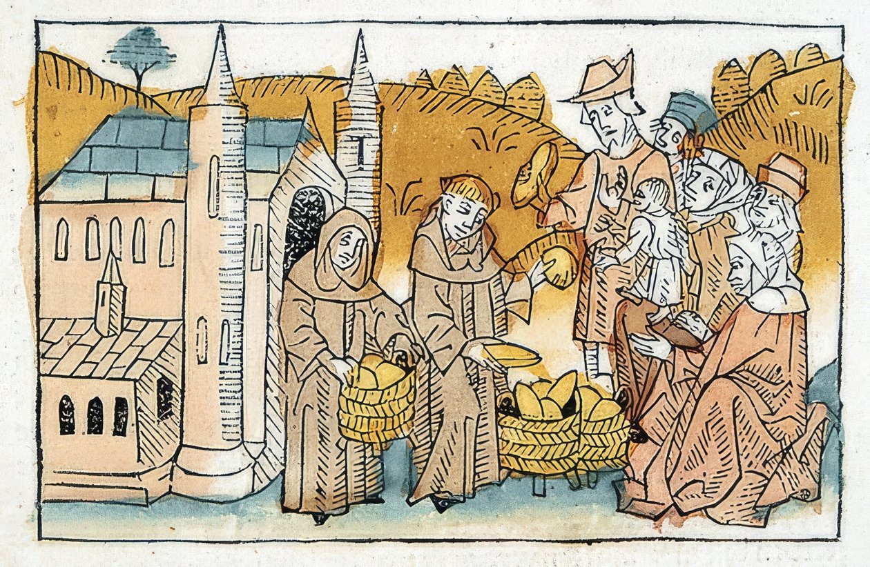 Distribution de pain par des frères du monastère aux pauvres. Vers 1477 - Unbekannt