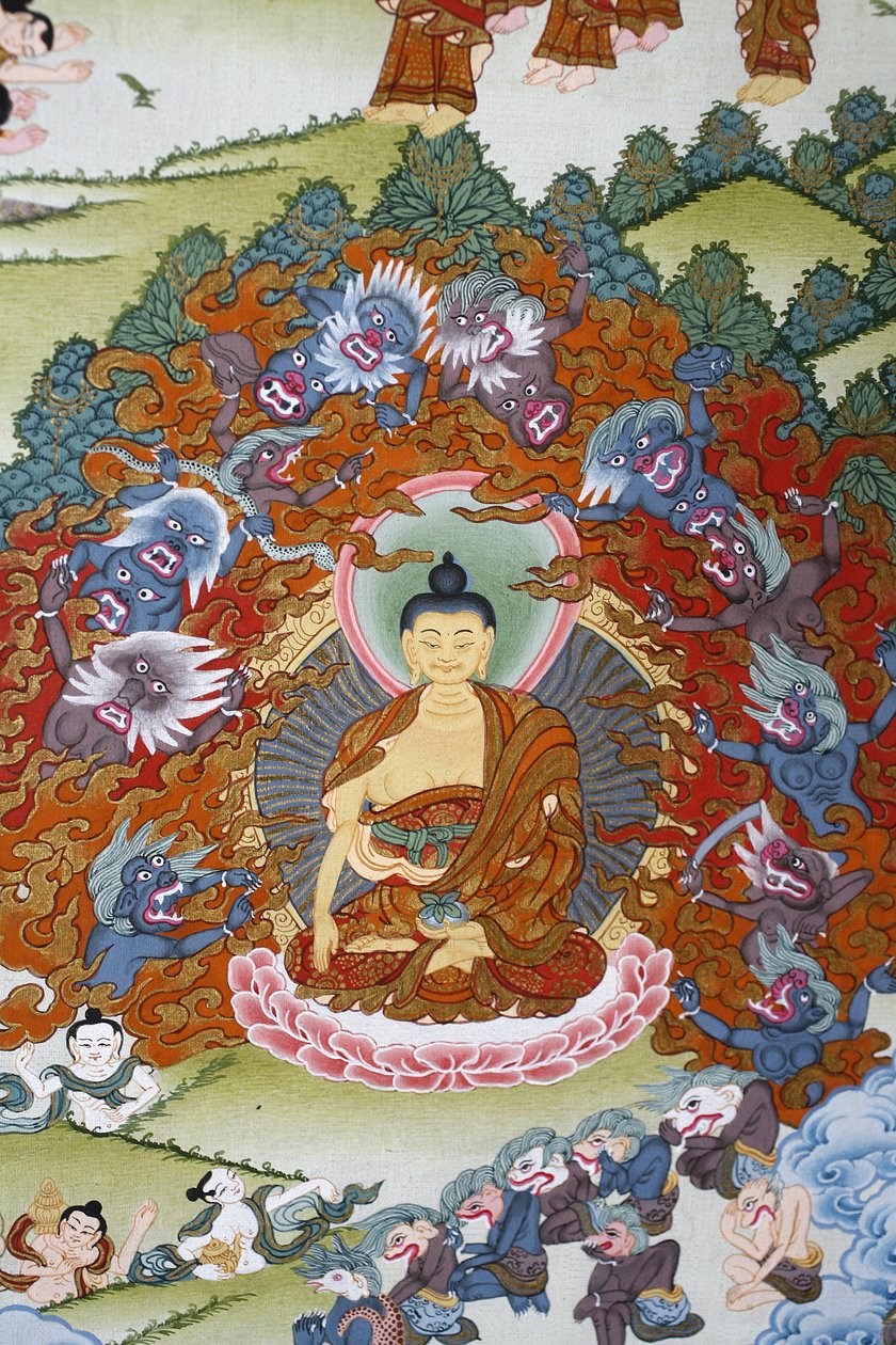 Bouddha Sakya Muni entouré par la tentation. Thangka, Bhaktapur, Népal - Unbekannt