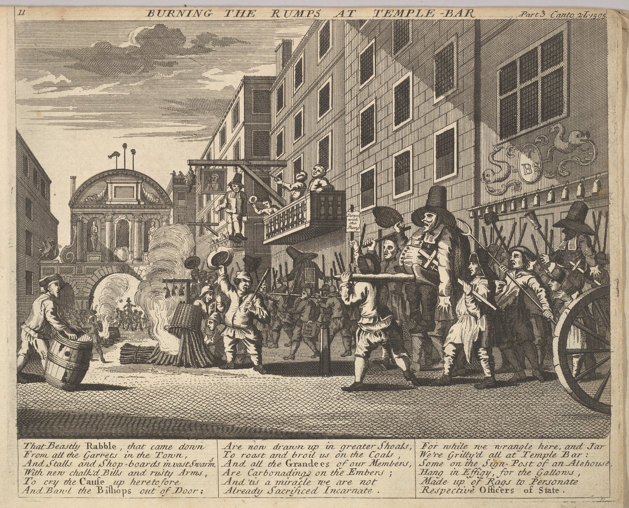 Brûler les Rumps à Temple Bar Planche 11 : Illustrations de Hudibras de Samuel Butler, 1725-30 - Unbekannt