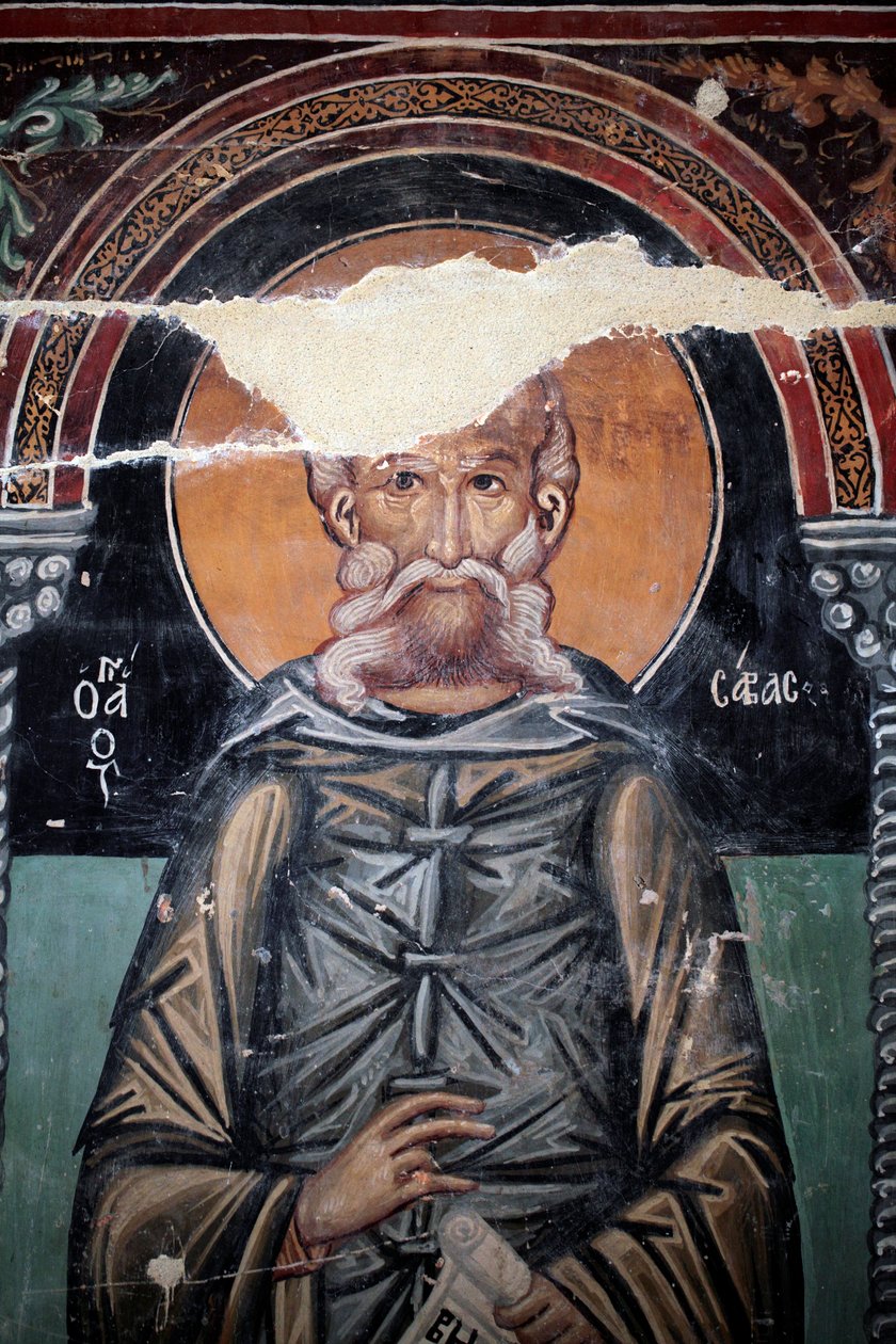 Fresque byzantine du 15e siècle (détail) Saint Sabas, peinture murale, chapelle de l