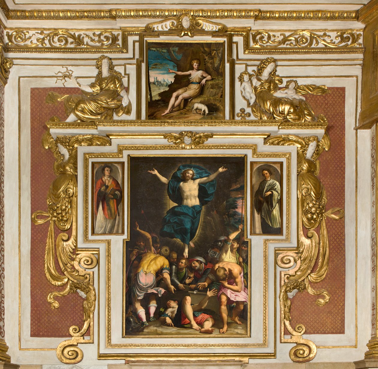Chapelle de Notre-Dame du Peuple, deuxième travée côté sud, Giovan Battista Trotti dit le Malosso, Résurrection 1594, Bernardino Campi, Saint Jean dans le désert 1569, Cathédrale Santa Maria Assunta, Duomo, Crémone, Lombardie, Italie - Unbekannt