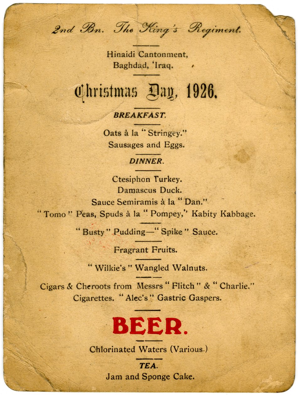 Menu du jour de Noël, 2e Bataillon du Régiment des Rois, Irak, 1926 - Unbekannt