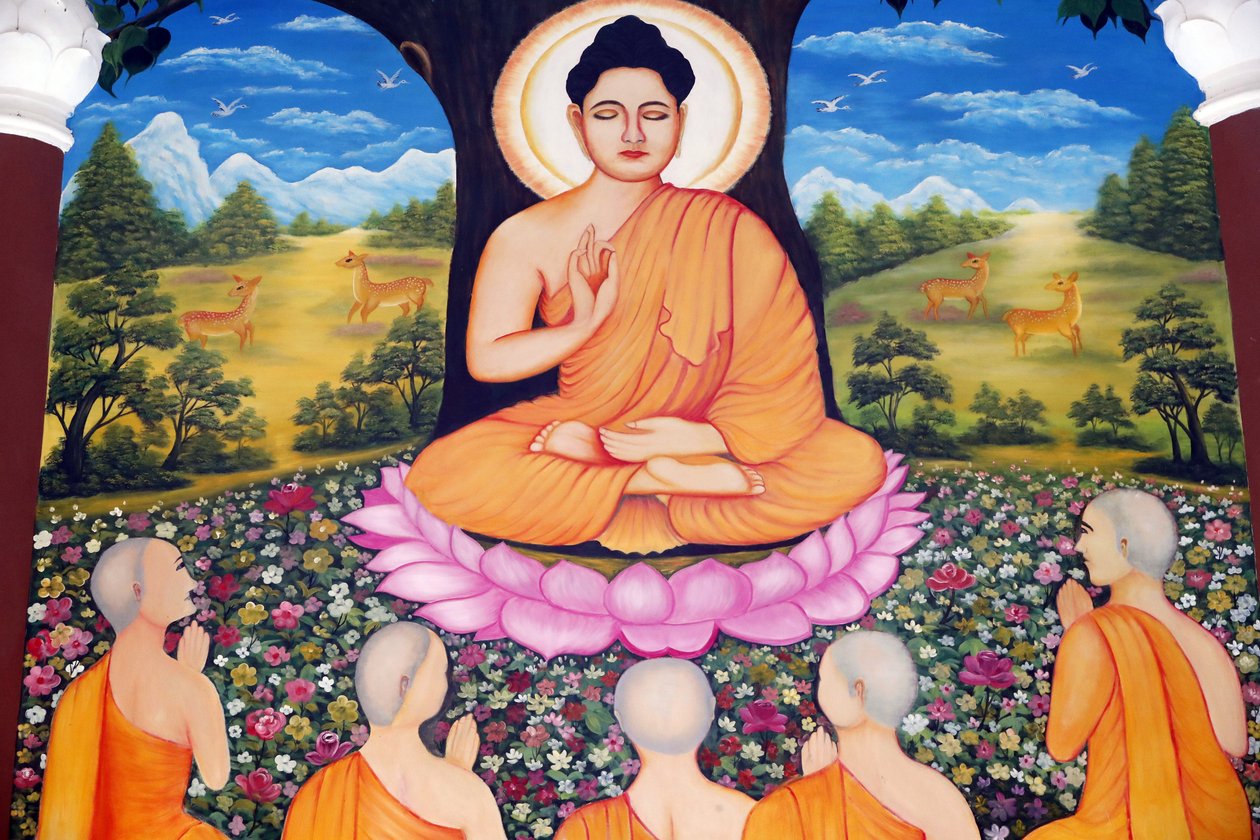 Temple bouddhiste Chua Tu Quang. Bouddha Shakyamuni prêchant le sermon - la roue de la loi - à ses cinq disciples. Vung Tau, Vietnam - Unbekannt