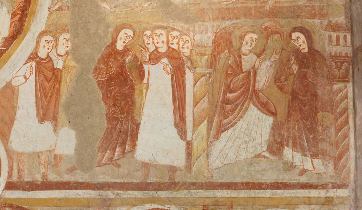 Église Saint-Martin. Intérieur. Peintures murales (fresque). Mur ouest de la nef. (détail) Accusation et annonciation de la Vierge. XIIe siècle. - Unbekannt