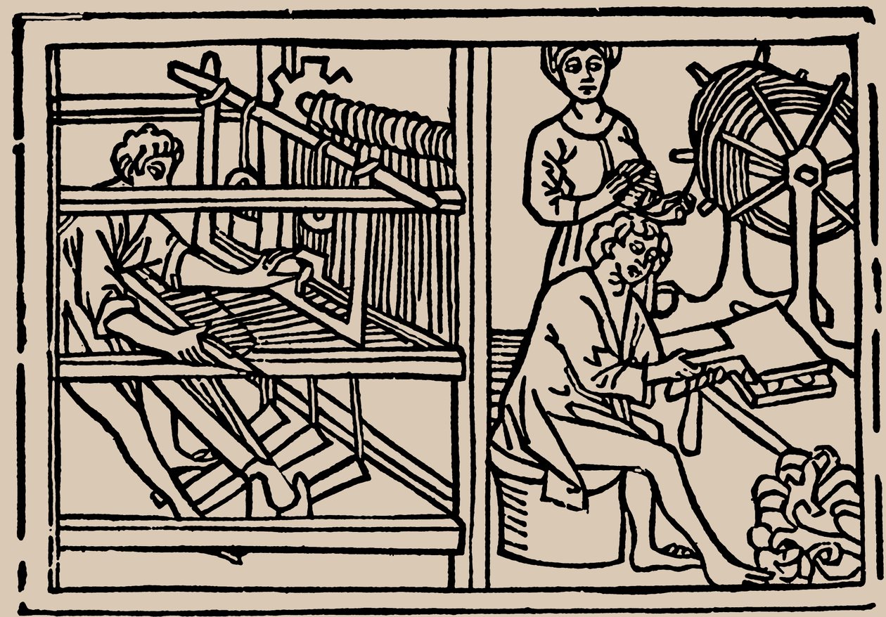 Peignage, filage et tissage de la laine. Du Speculum Vitae Humanae de Rodericus Zamorensis, 1479 - Unbekannt