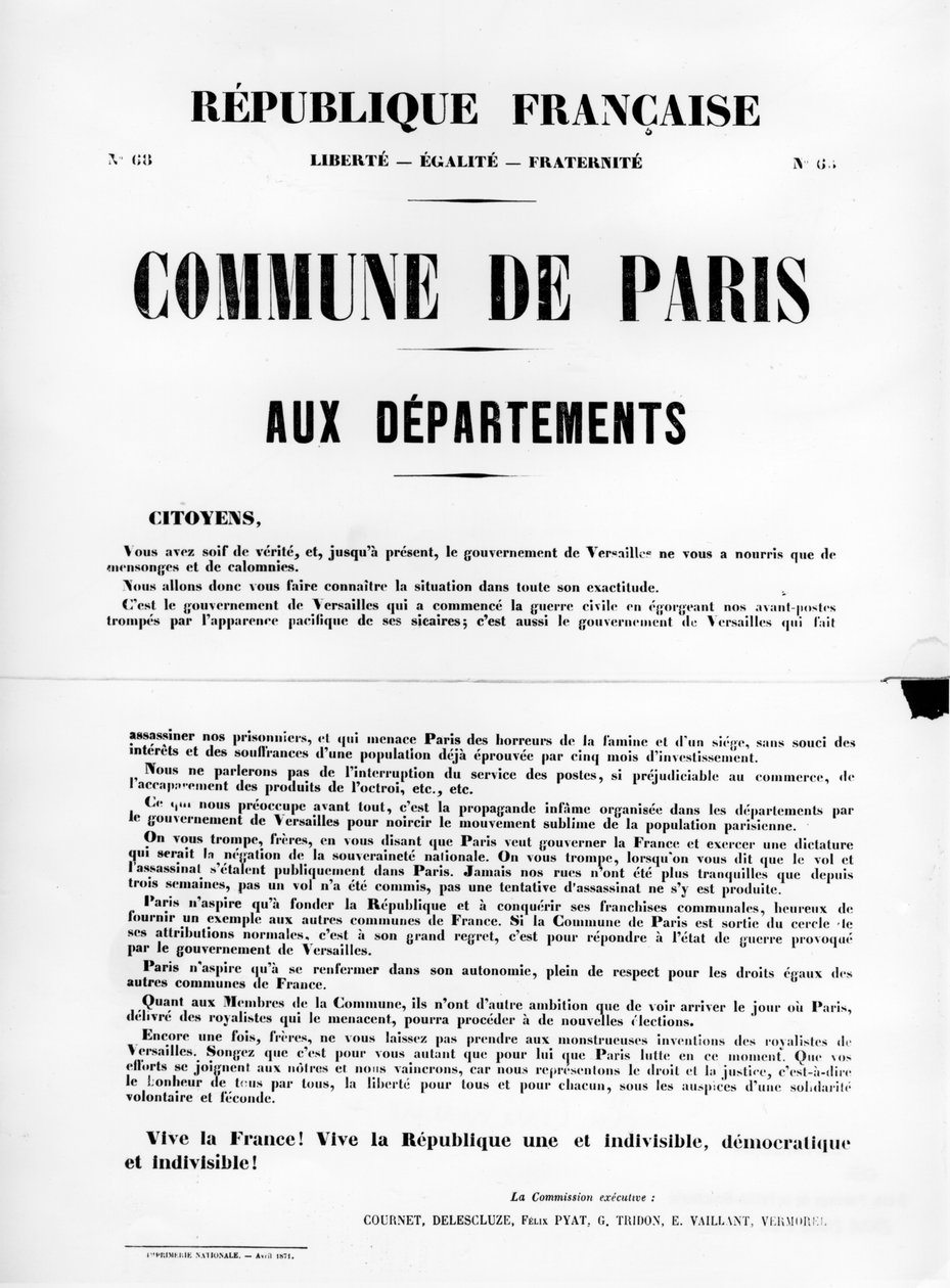 Commune de Paris, des affiches politiques françaises de la Commune de Paris, mai 1871 - Unbekannt