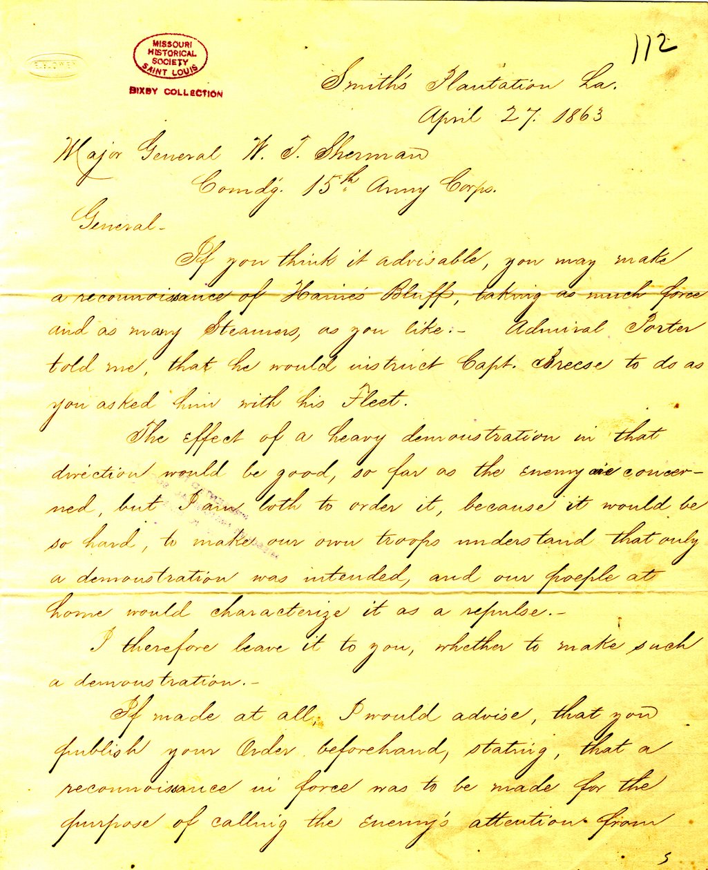 Copie contemporaine de la lettre de U. S. Grant, Plantation de Smith, Louisiane, au Général W. T. Sherman, 27 avril 1863 - Unbekannt