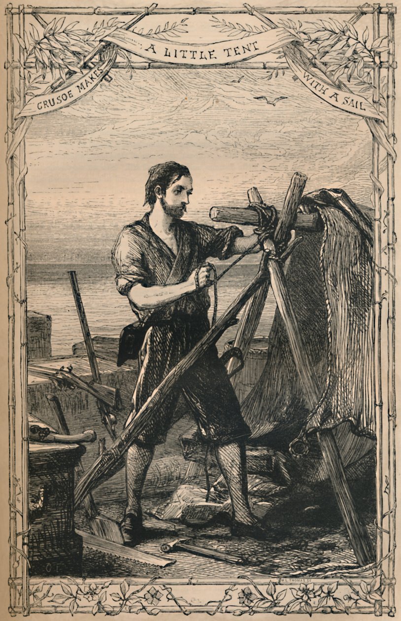 Crusoe fait une petite tente avec une voile, vers 1870 - Unbekannt