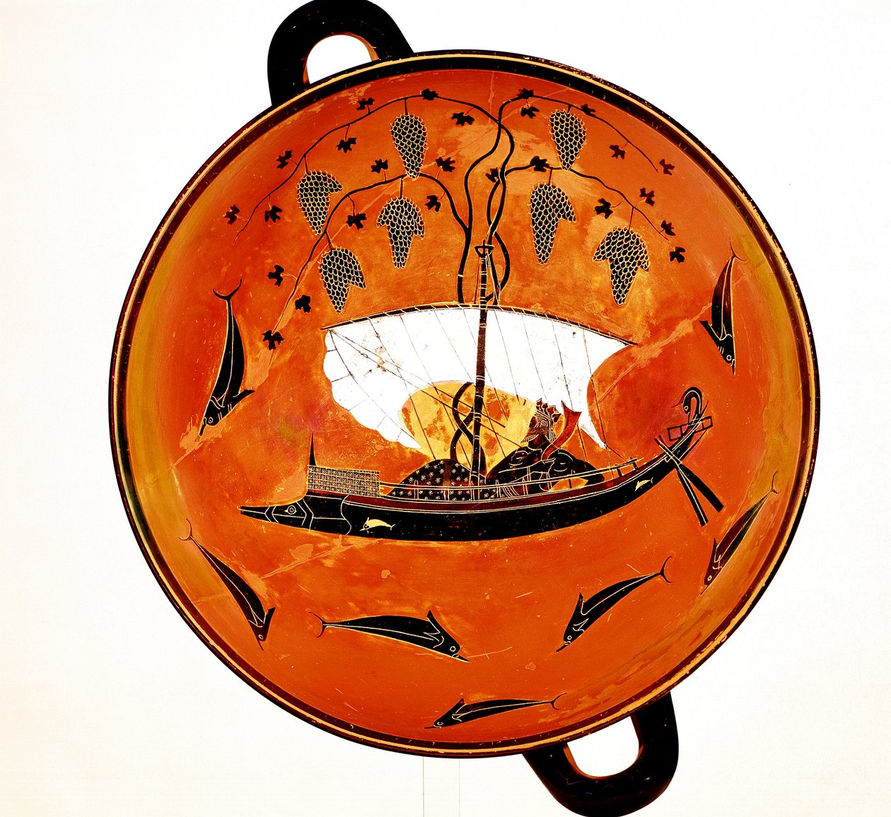 Dionysos dans un bateau entouré de dauphins, plat grec ancien Krater, 530 av. J.-C. - Unbekannt