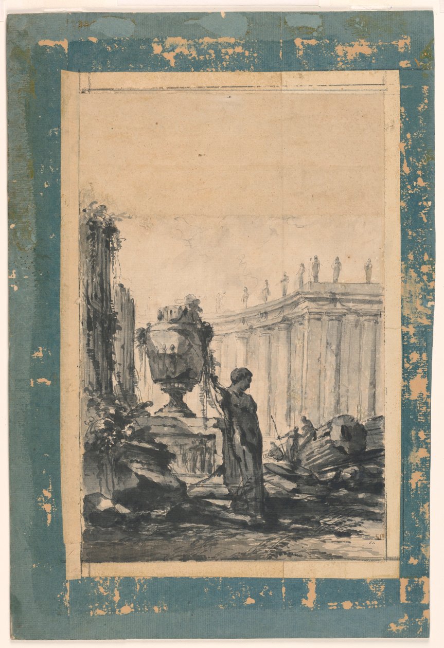 Dessin, Fantaisie Architecturale avec Vase, Hermès et Colonnade, milieu du XVIIIe siècle - Unbekannt