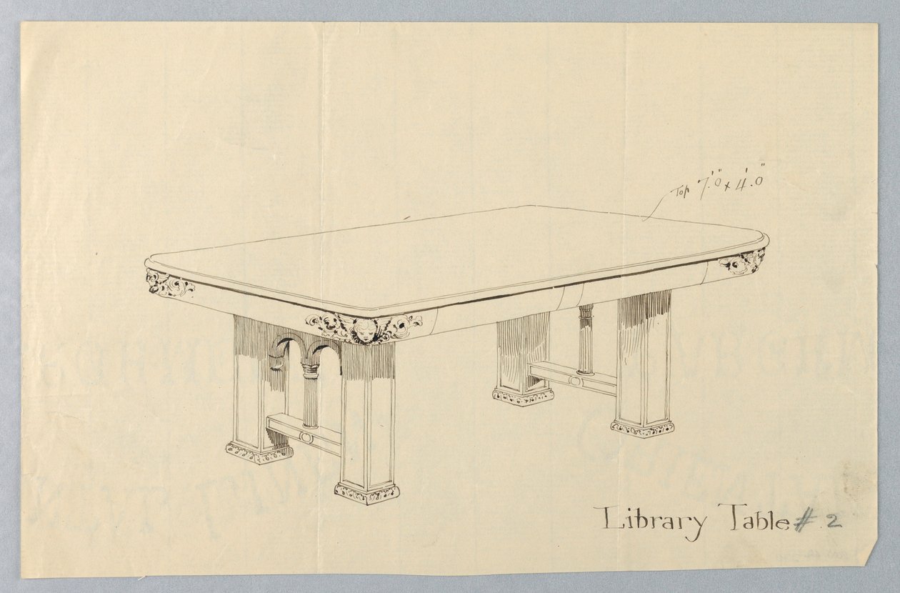 Dessin, Design pour une table de bibliothèque rectangulaire #2 avec visages de putti sculptés sur chaque coin arrondi - Unbekannt
