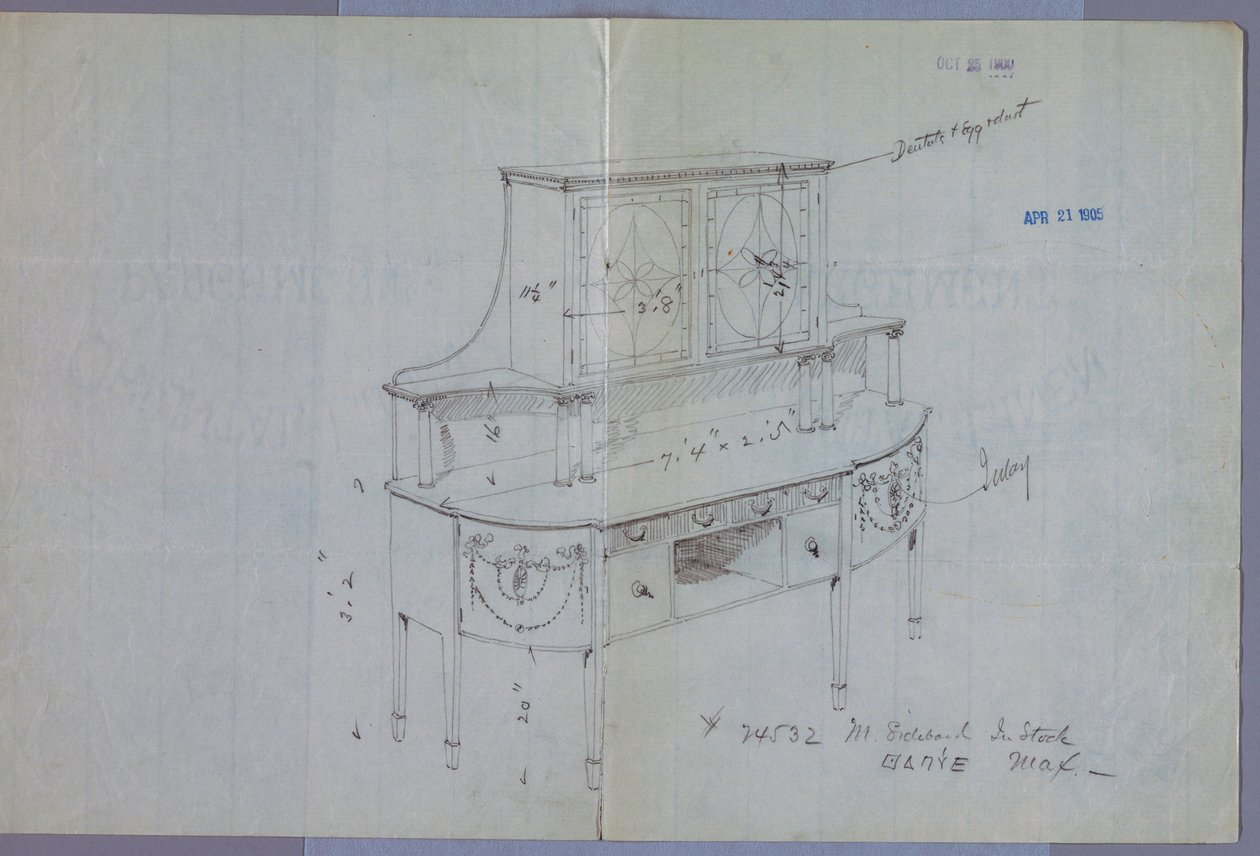 Dessin, Conception pour un buffet avec armoire à porte vitrée au-dessus - Unbekannt