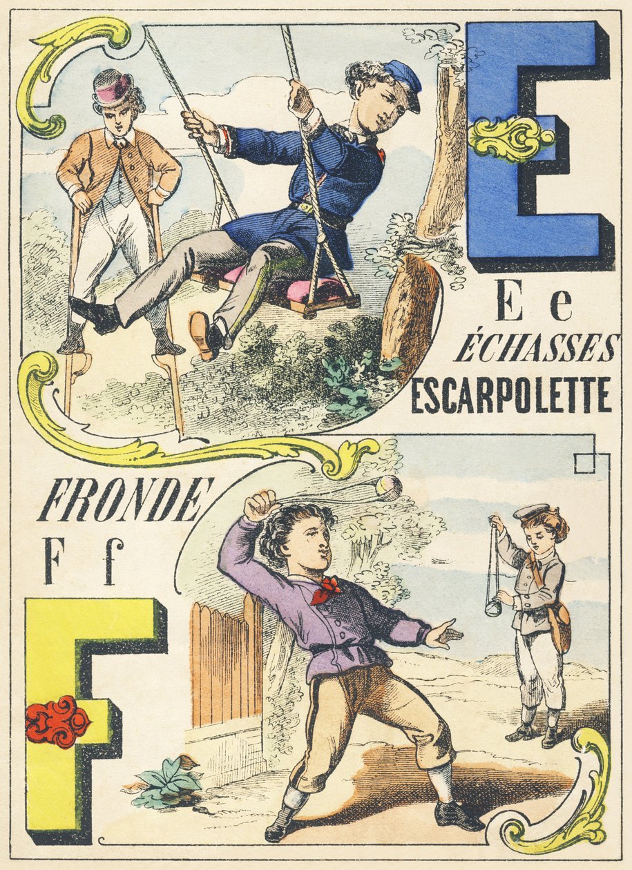 E F : échasses, escarpolette, fronde - Alphabet des jeux, vers 1890 (illustration) - Unbekannt