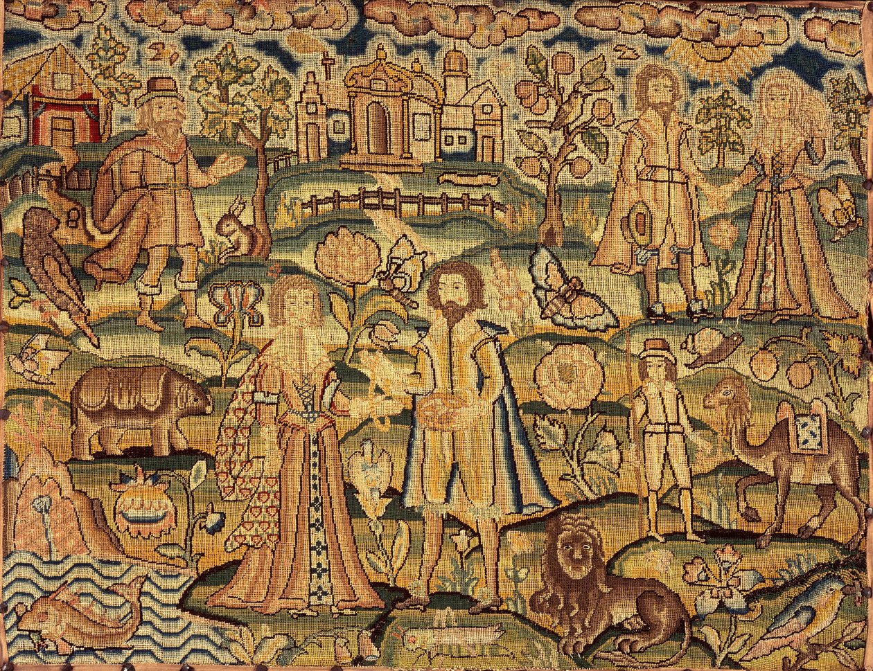 Panneau de broderie montrant des personnes, des fleurs, des insectes, des poissons et des animaux, 17ème siècle - Unbekannt