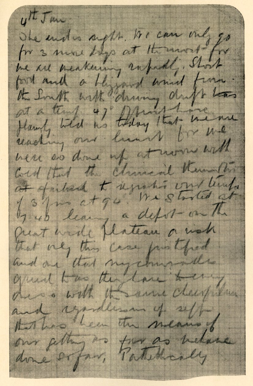 Fac-similé de la page du journal de Shackleton, 4 janvier 1909 - Unbekannt
