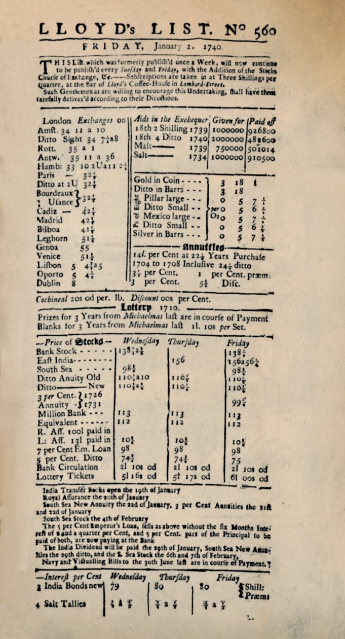 Fac-similé de la plus ancienne copie existante de Lloyds List, vers 1740, 1928 - Unbekannt