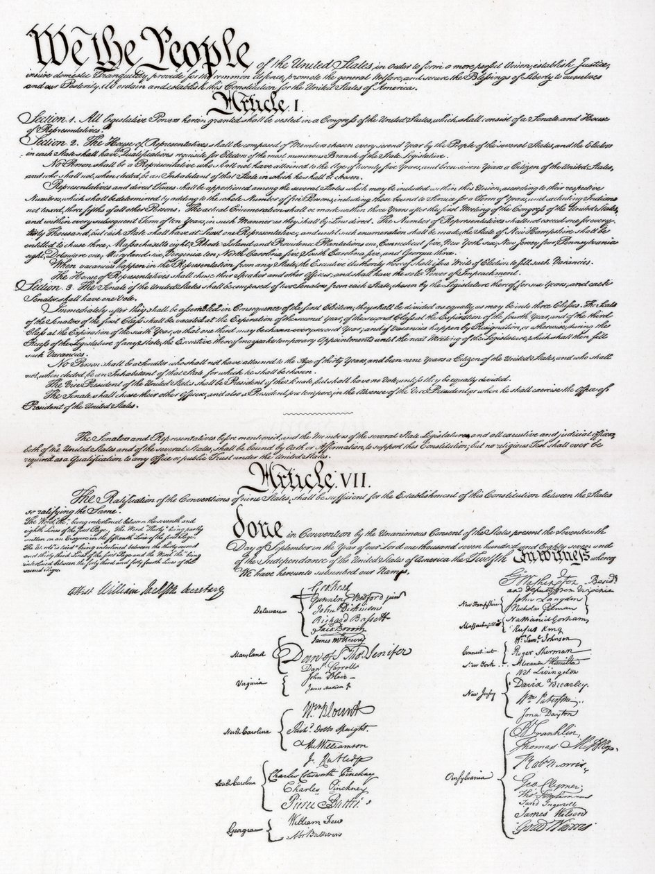 Fac-similé du préambule et de la Constitution des États-Unis d