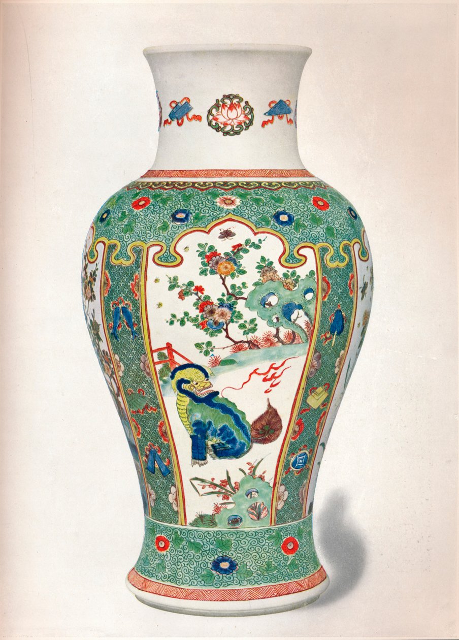 Vase Famille Verte, avec quatre panneaux verticaux peints de rochers et de plantes fleuries, deux monstres - Unbekannt