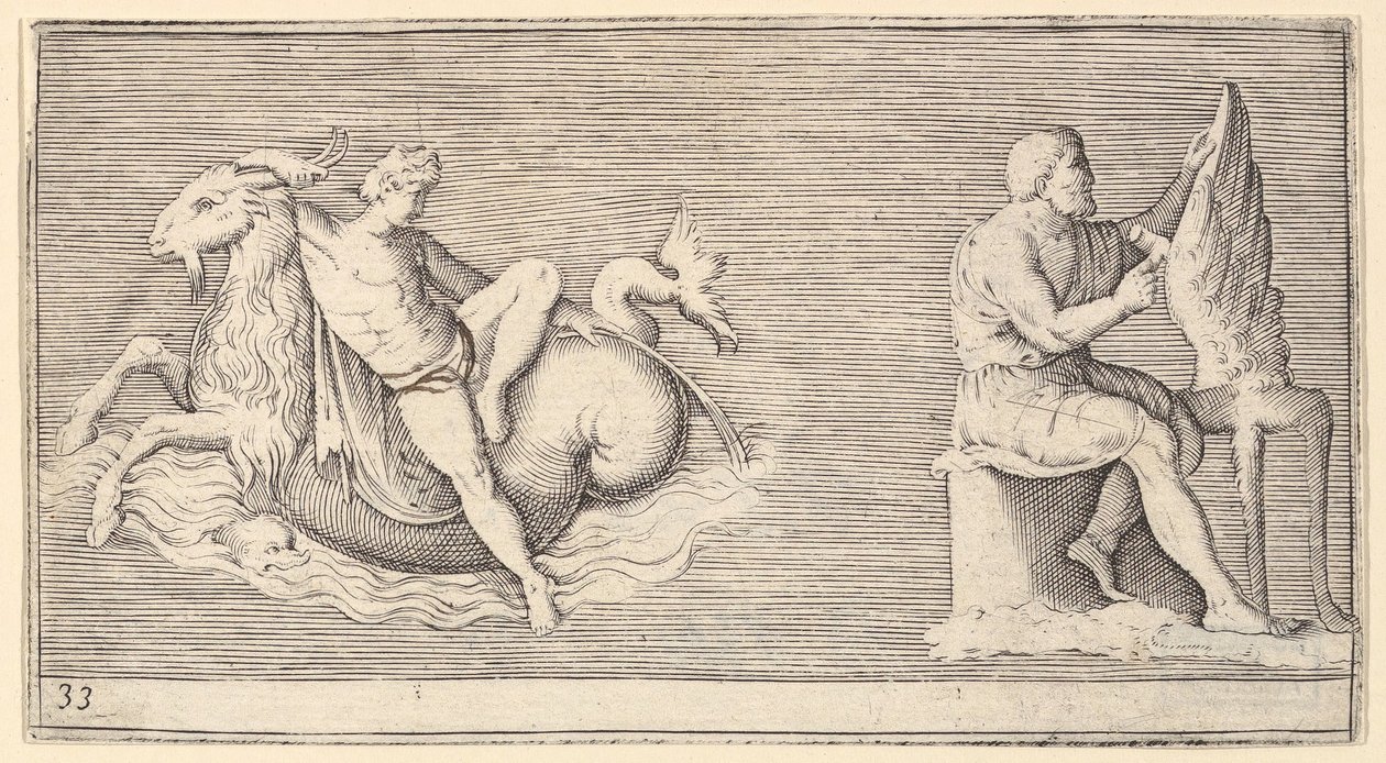 Figure sur un capricorne, homme sculptant une aile, publié vers 1599-1622 - Unbekannt