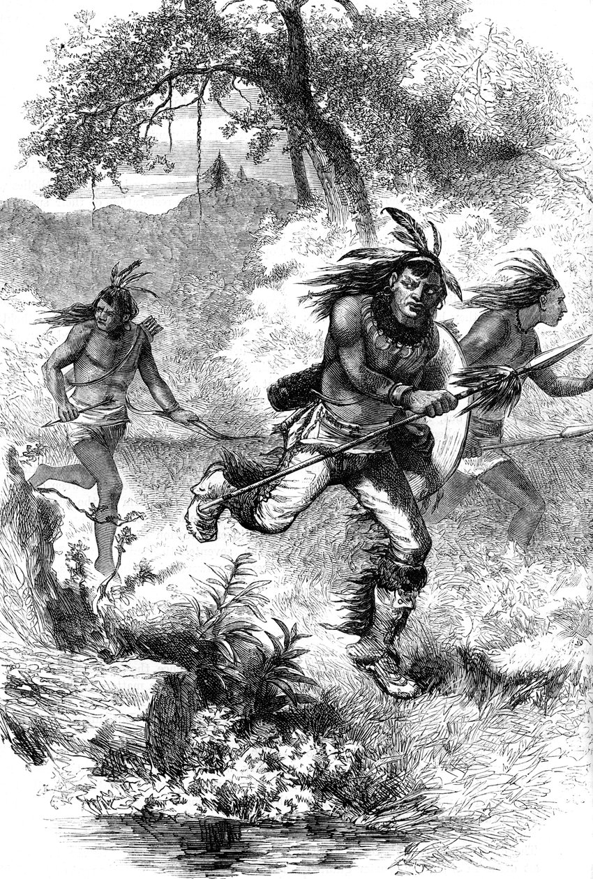 Fuite des Amérindiens après un massacre de colons, 17ème siècle vers 1880 - Unbekannt