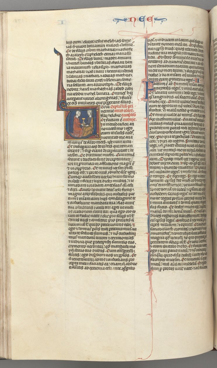 Fol. 178v, Néhémie, initiale historiée V, Néhémie présentant la coupe d