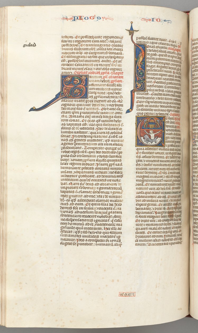 Fol. 357v, Jonas, initiale historiée E, Jonas avalé par la baleine, une ville fortifiée au-dessus, vers 1275 - Unbekannt