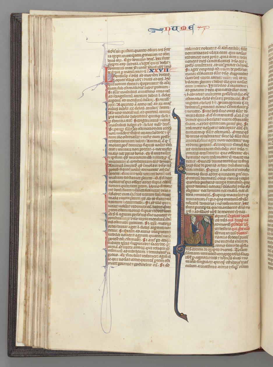 Fol. 46v, Nombres, initiale historiée L, Moïse avec des cornes, agenouillé devant Dieu - Unbekannt