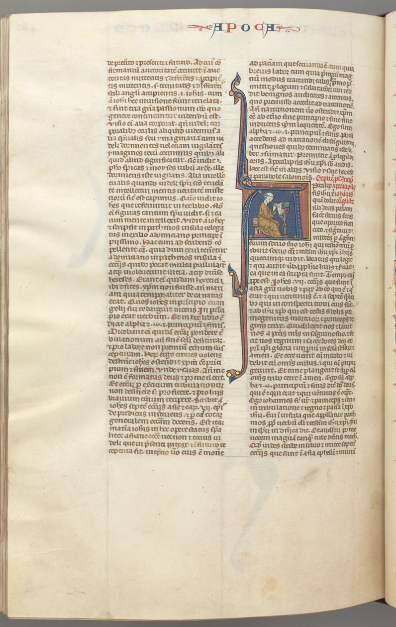 Fol. 482v, Révélations, initiale historiée A, Jean assis à un bureau écrivant... - Unbekannt