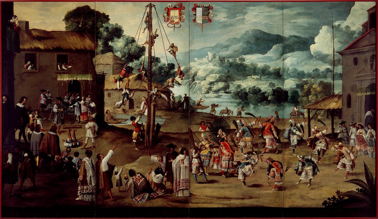 Paravent avec mariage indien et mât volant (Biombo con desposorio indígena y palo volador) - Unbekannt