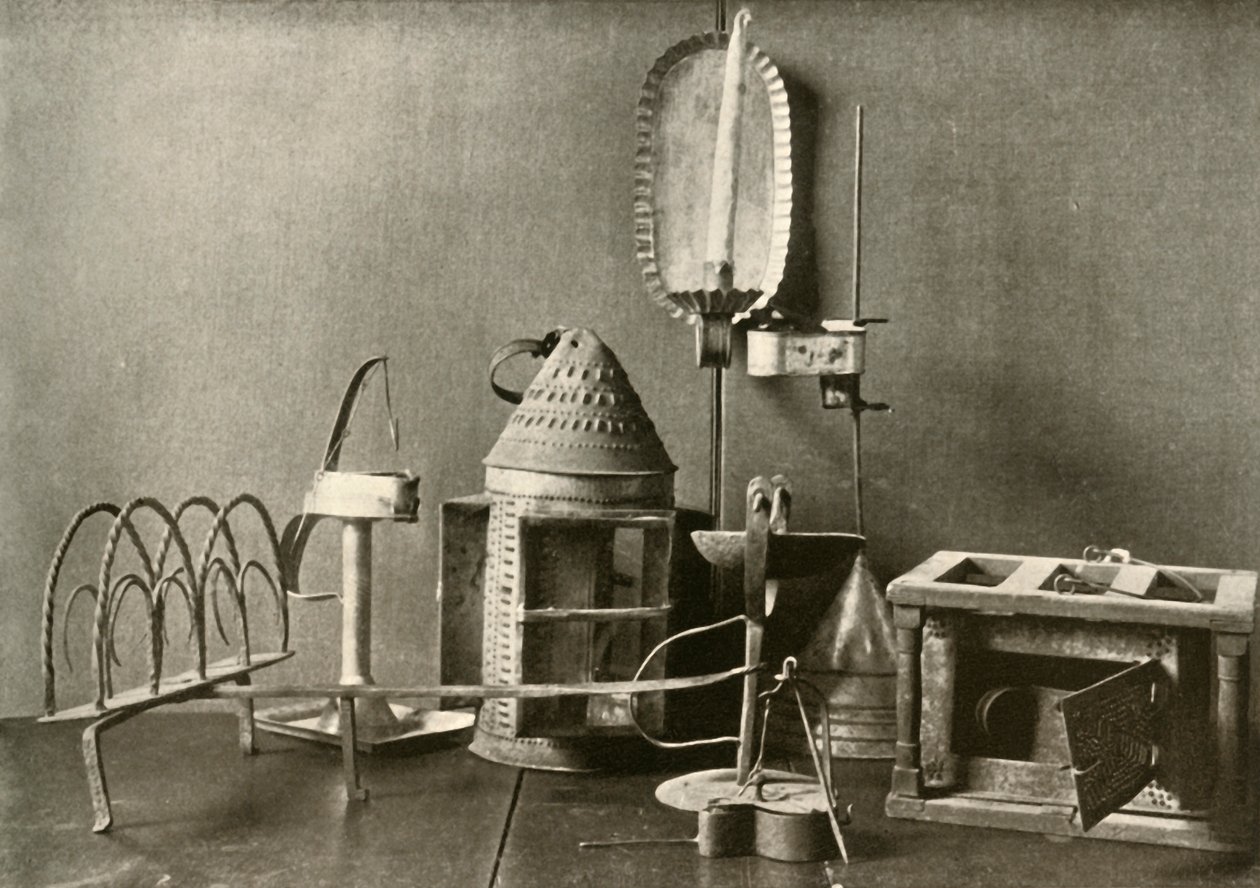 Chauffe-pieds, lampes à huile, applique à bougie, lanterne en étain et grille-pain, XVIIIe siècle, 1937 - Unbekannt