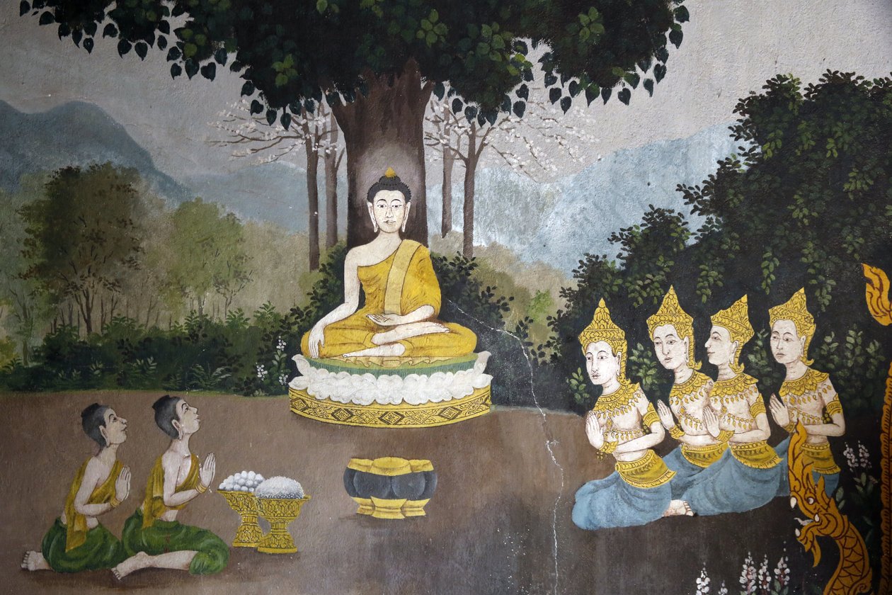 Fresque représentant une scène de la vie du Bouddha à Wat Phra Doi Suthep, Chiang Mai. Bouddha recevant des aumônes. Thaïlande - Unbekannt