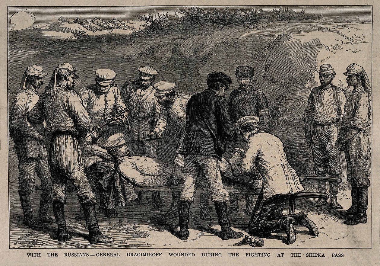 Le général Mikhaïl Dragomirov blessé lors de la bataille du col de Shipka, vers 1878 - Unbekannt