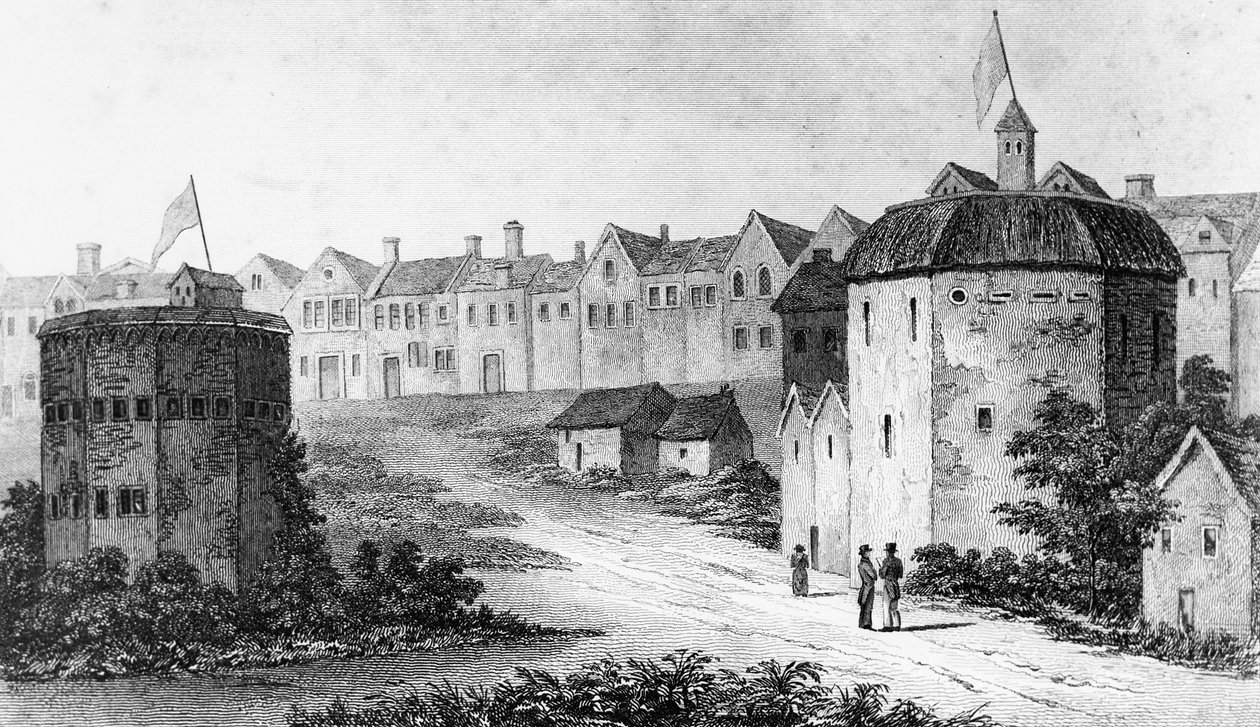 Théâtre du Globe, Bankside, Southwark à droite et le Bear Garden, vers 1597 - Unbekannt