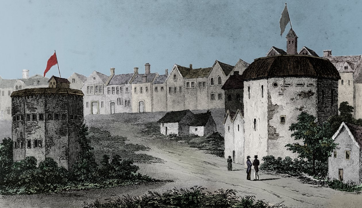 Théâtre du Globe, Bankside, Southwark à droite et le Bear Garden, vers 1597 - Unbekannt