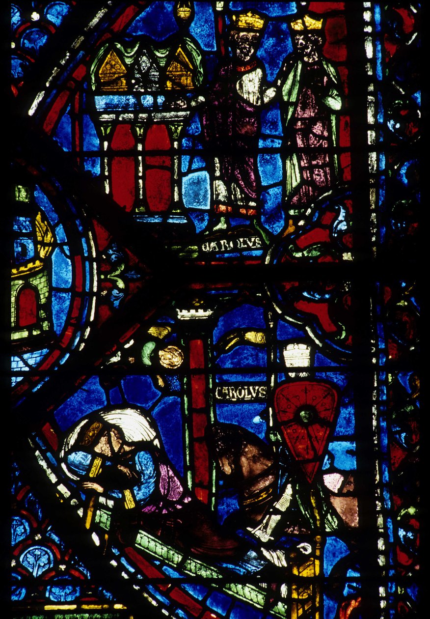 Architecture gothique. Histoire de Charlemagne (détail) : Charlemagne (742-814) reçoit 3 chasses (haut) et Vision de Constantin (I, empereur byzantin). Vitrail de l