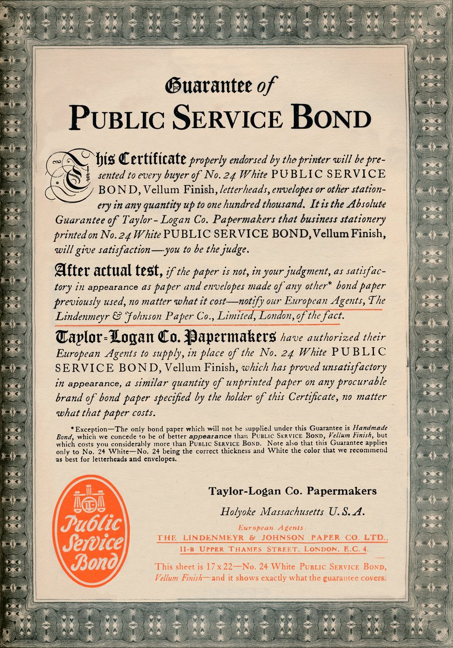 Garantie de service public - Publicité de Taylor-Logan Co. Papermakers, 1919 - Unbekannt