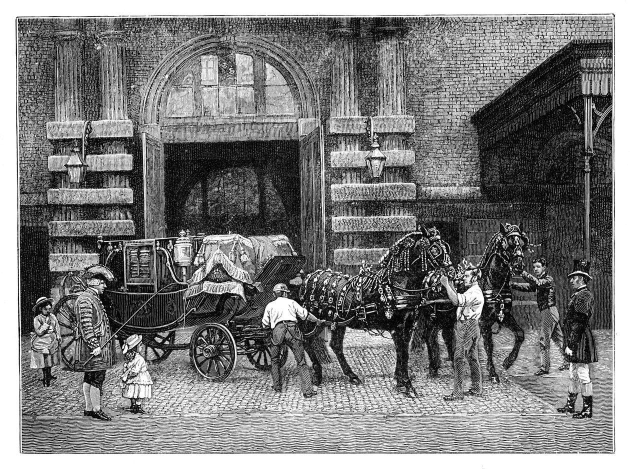 Attelage des chevaux noirs aux écuries royales, Buckingham Palace, Londres, vers 1888 - Unbekannt