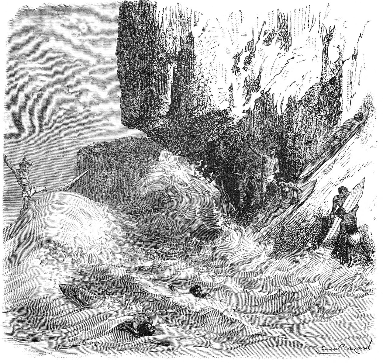 Hommes hawaïens surfant avec des planches en bois, vers 1895 - Unbekannt