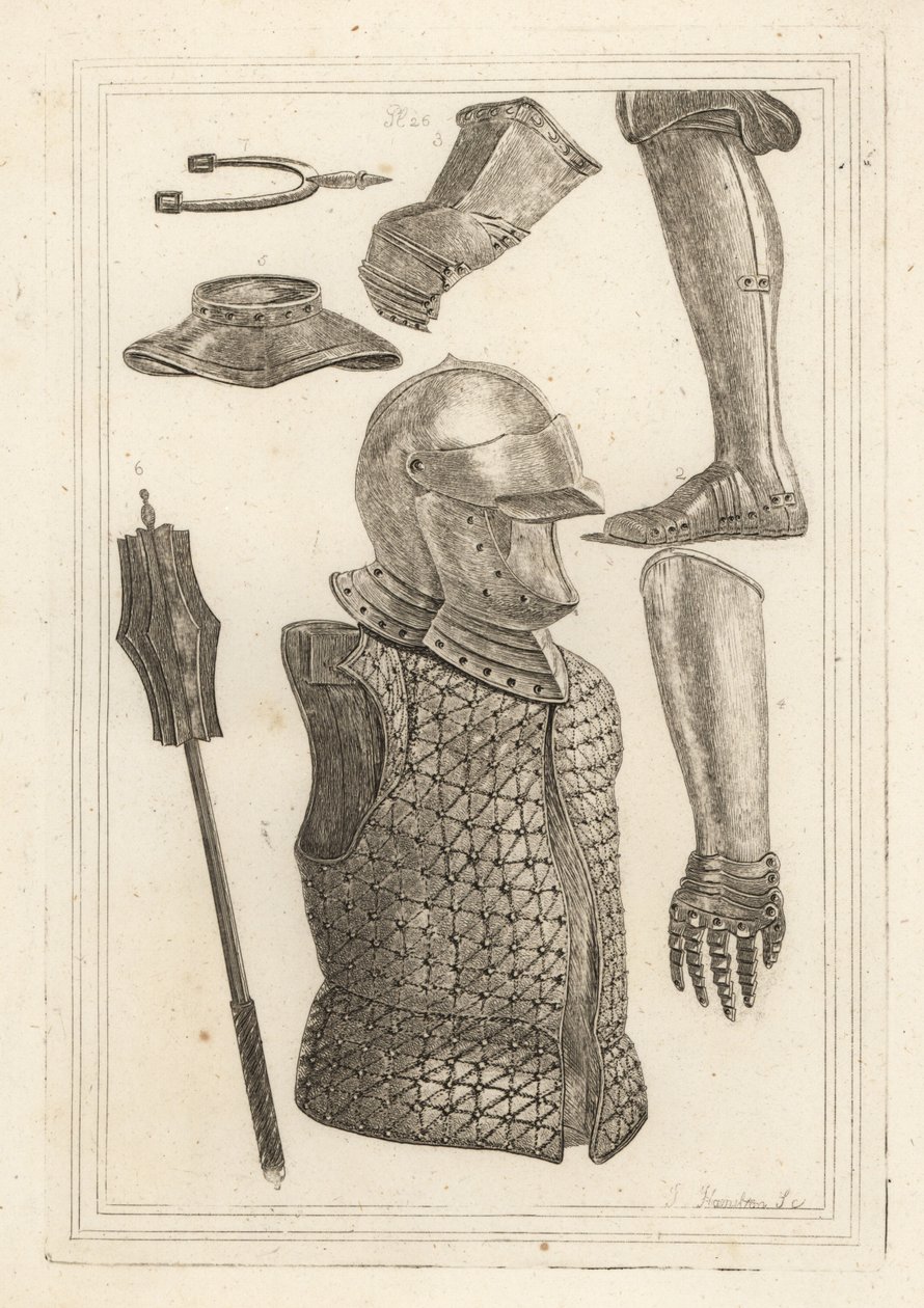 Casque et brigandine, jambière en fer, gantelet appartenant à Jean de Gand, gantelet en fer, gorgerin, masse en fer, éperon antique en fer - Unbekannt