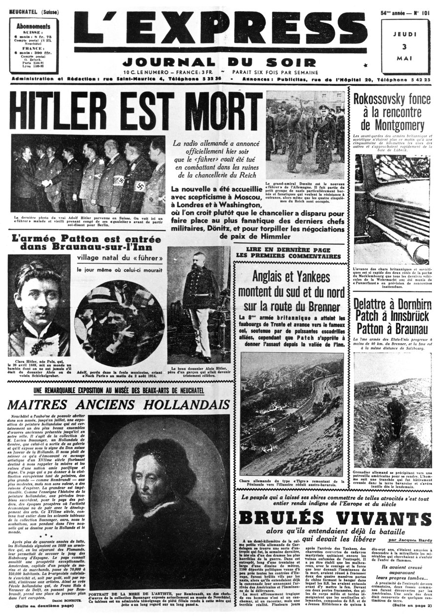 Hitler est mort, première page du journal L
