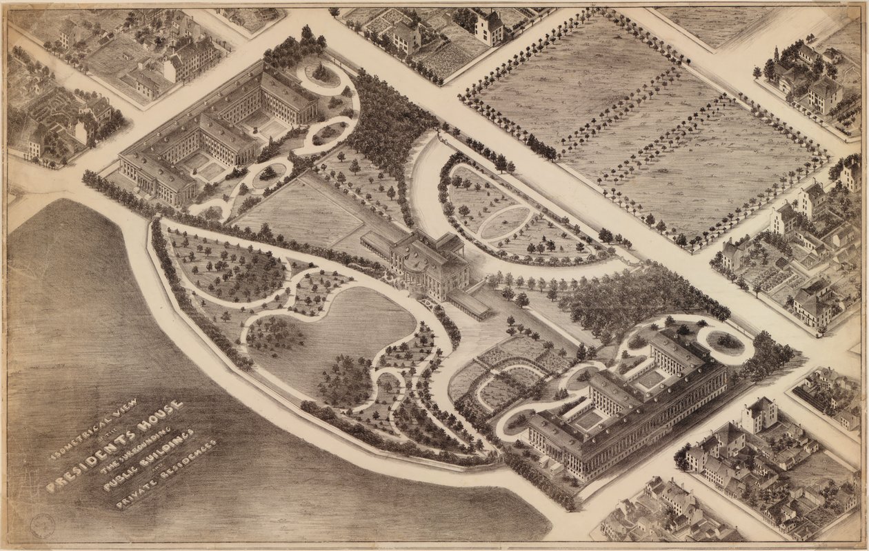 Vue isométrique de la Maison du Président, des bâtiments publics environnants et des résidences privées : [Washington D.C.] - Unbekannt