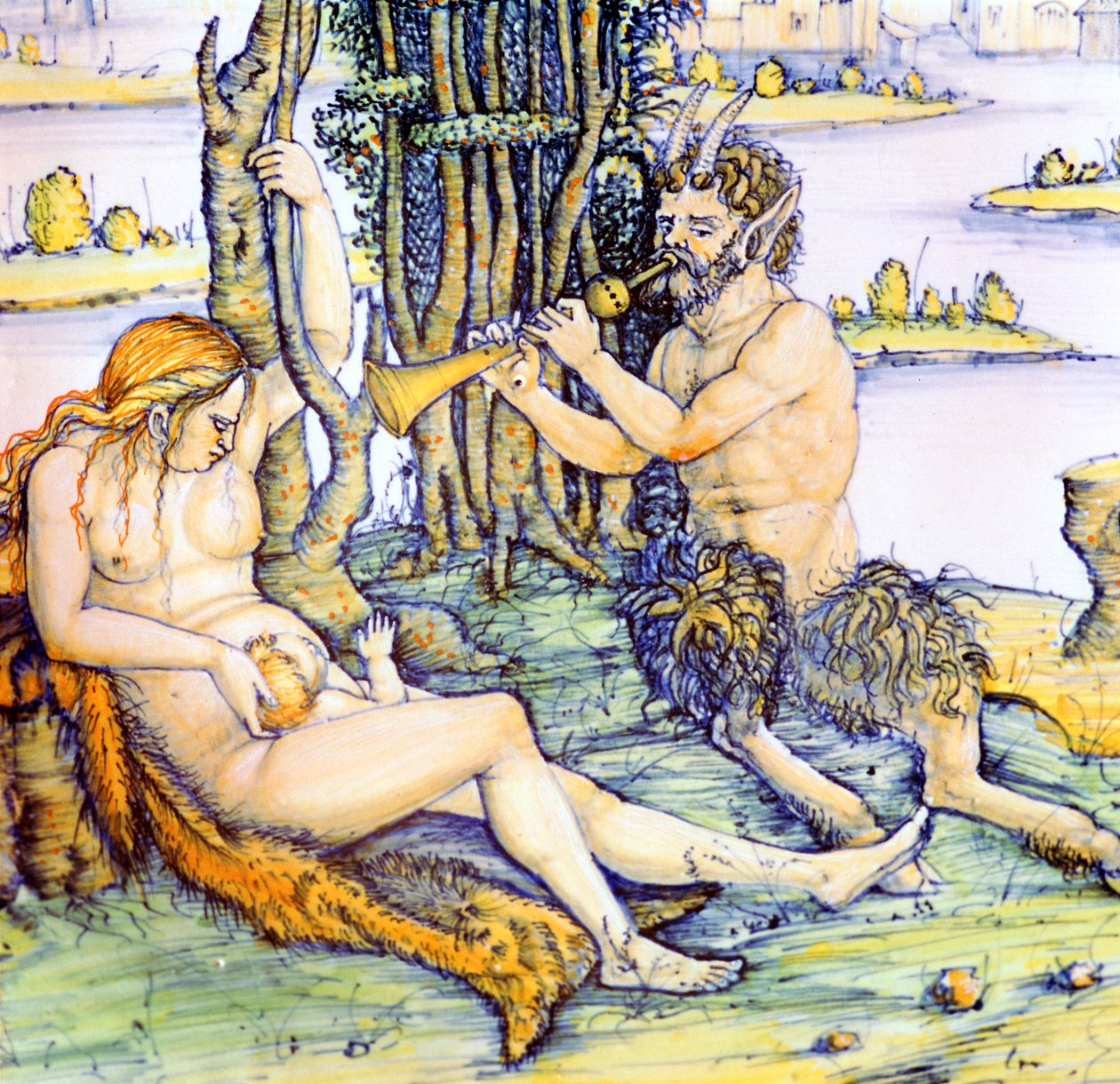 Assiette en terre cuite italienne montrant la famille du satyre d